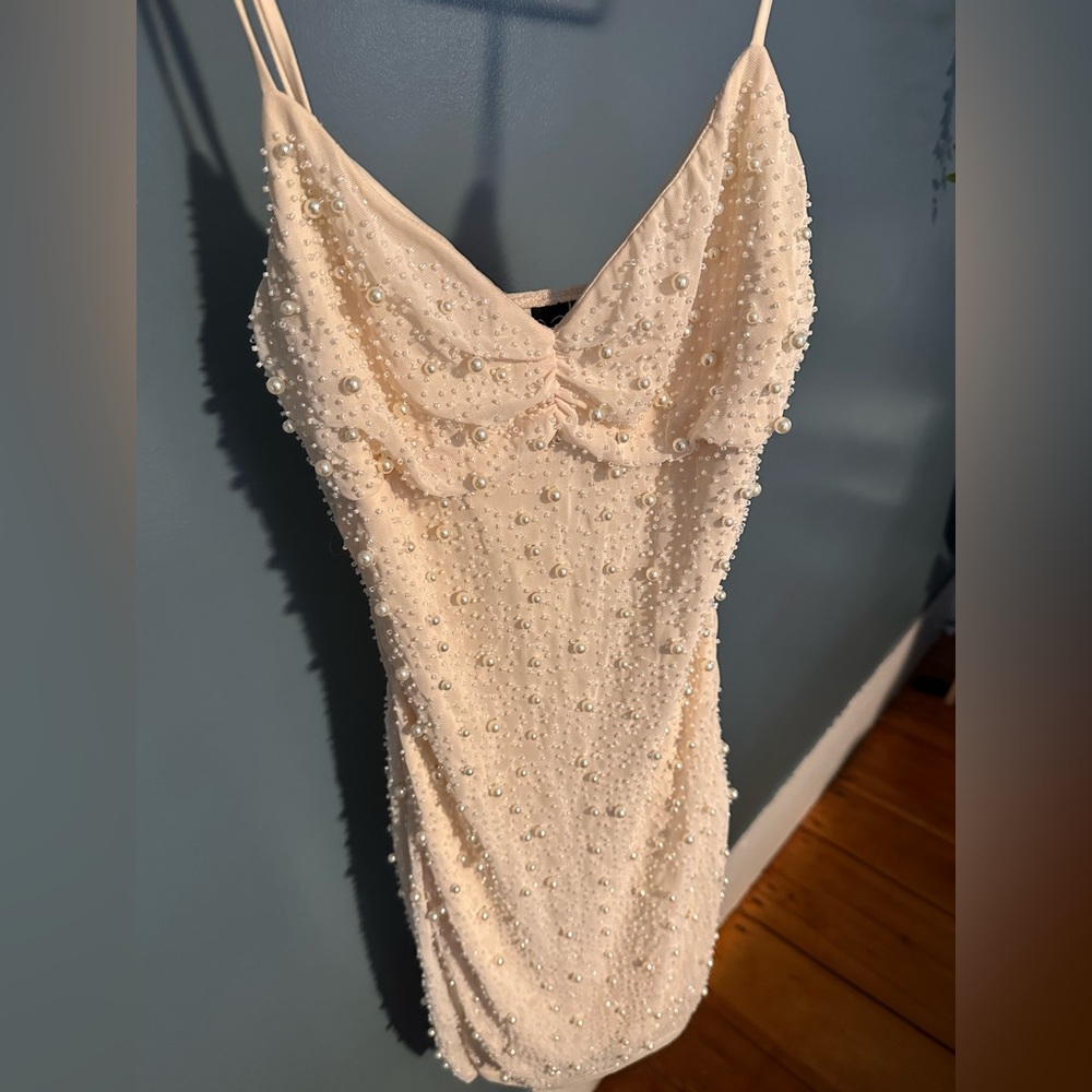 Windsor Pearl-Trim Strapless Cream Evening Dress